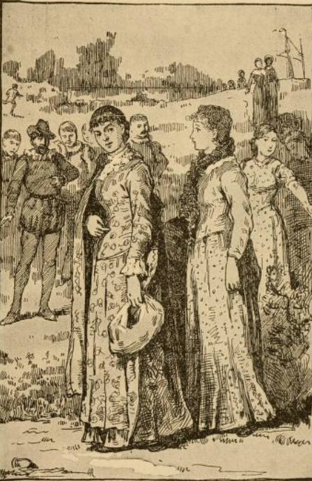 A nineteenth century illustration of the women arriving in Jamestown. There are three women in foreground, one of which looks  thoroughly unimpressed, and a group of men in the background making no effort to hide the fact they are checking out the women!