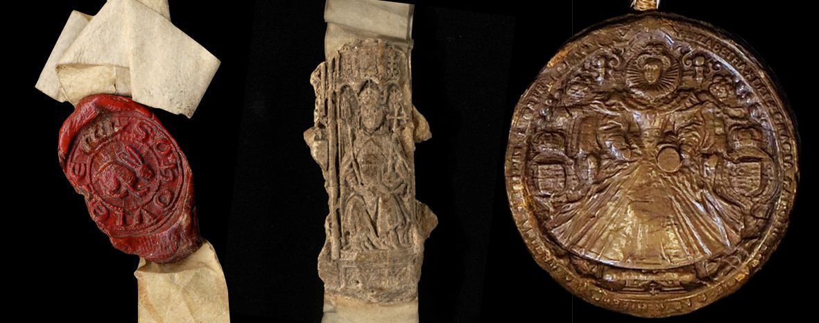 Image showing three different wax seals. On the left is a small red seal with a hare impression on it. In the centre is the surviving remnant of a cream coloured seal with a king on a throne - only the central portion of the seal remains. On the right is a complete Great Seal of Elizabeth I. It is light brown in colour, and shows the queen on her throne, holding an orb and sceptre and wearing an enormous ruff and huge skirt.