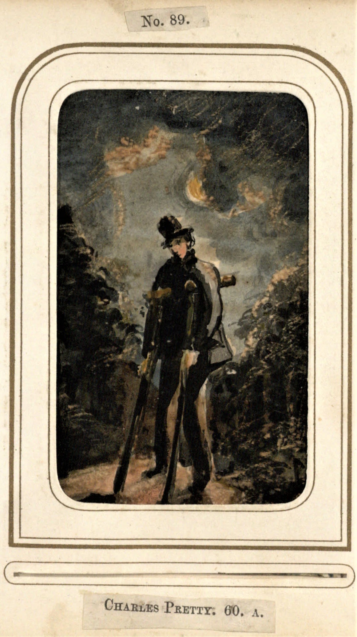 A small watercolour of a man walking with two crutches. The colours are mostly dark, and the man is wearing a tall hat with a curved crown. He is outdoors, in front of trees and quite a dramatic cloudy sky. Underneath the painting is a label which reads Charles Pretty 60A.