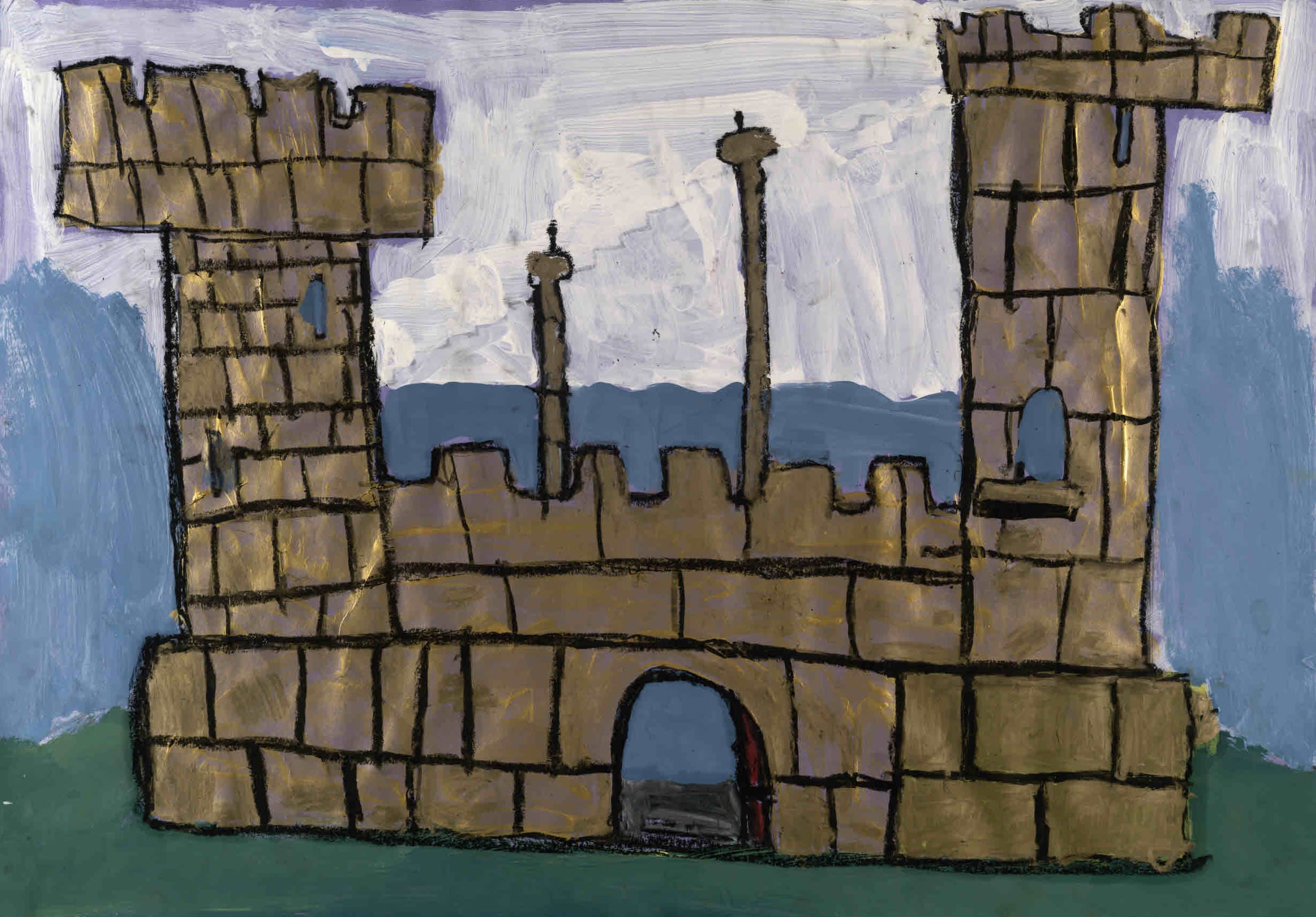 Child's painting of a stone castle, on a green hill with a blue sky behind