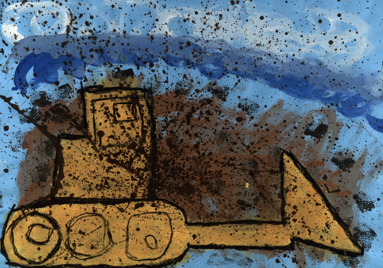 Child's painting of a yellow bulldozer, with a dynamic spray of mud being kicked up by the machine's bucket.