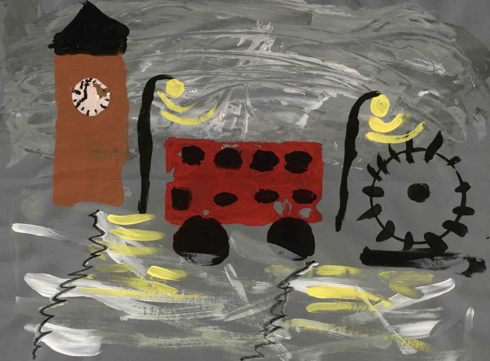 Child's painting representing London with a grey background, Big Ben, a red bus, and the London Eye.