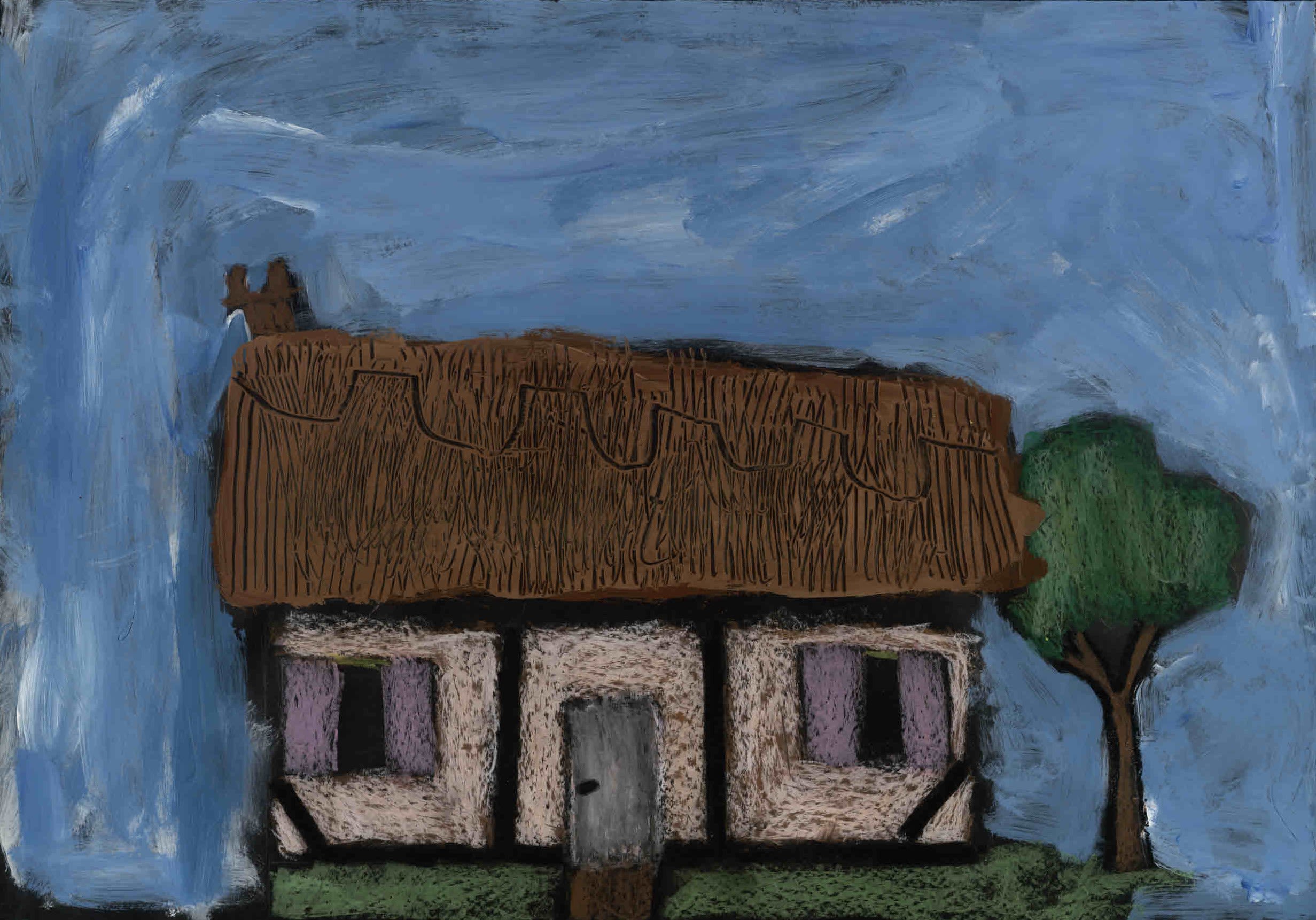 Child's painting of a thatched cottage. The walls are a pale pink, and there is a tree next to the cottage.