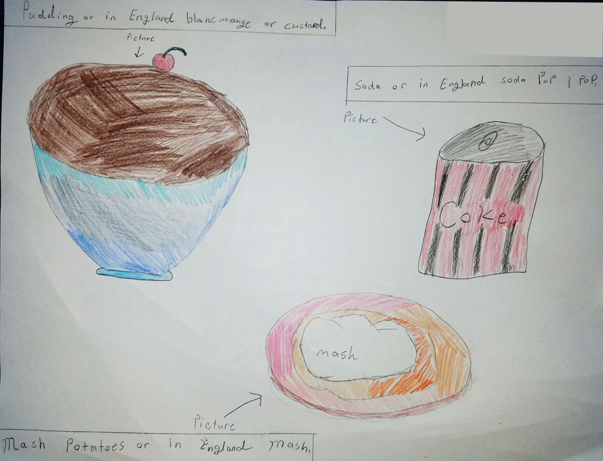 Child's drawing showing a bowl of chocolate pudding, which in the UK would be blancmange or custard, a can of coke which in the US is soda but in the UK is pop, and mashed potatoes