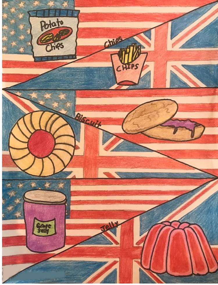 A densely coloured drawing with representations of the US flag and Union flag, with drawings of potato crisps and chips, a sweet biscuit and a scone, a jar of jam and a wobbly jelly.