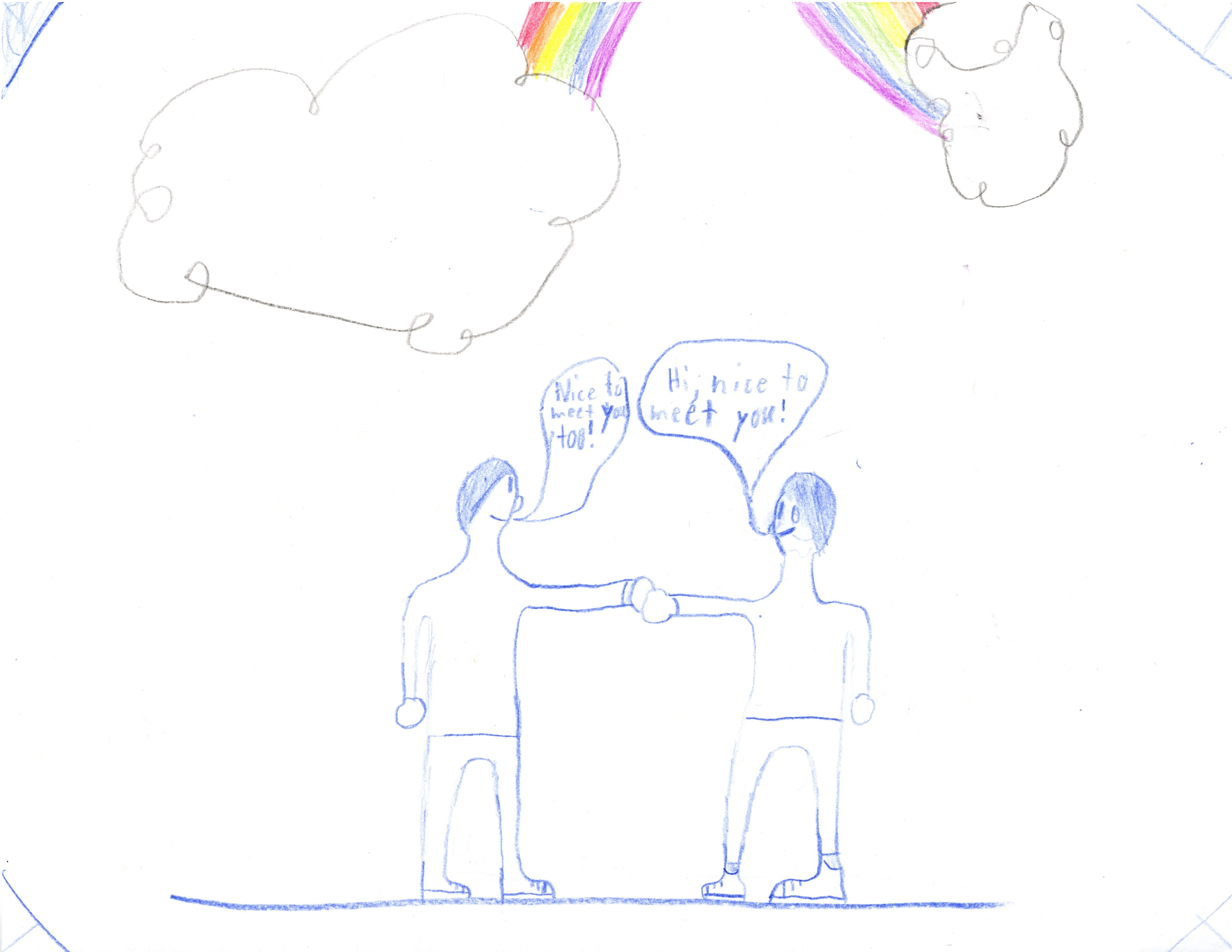 A child's drawing showing two characters meeting each other and shaking hands. One person says 'Nice to meet you' and the other replies 'it's nice to meet you too'. They are stood under a rainbow.