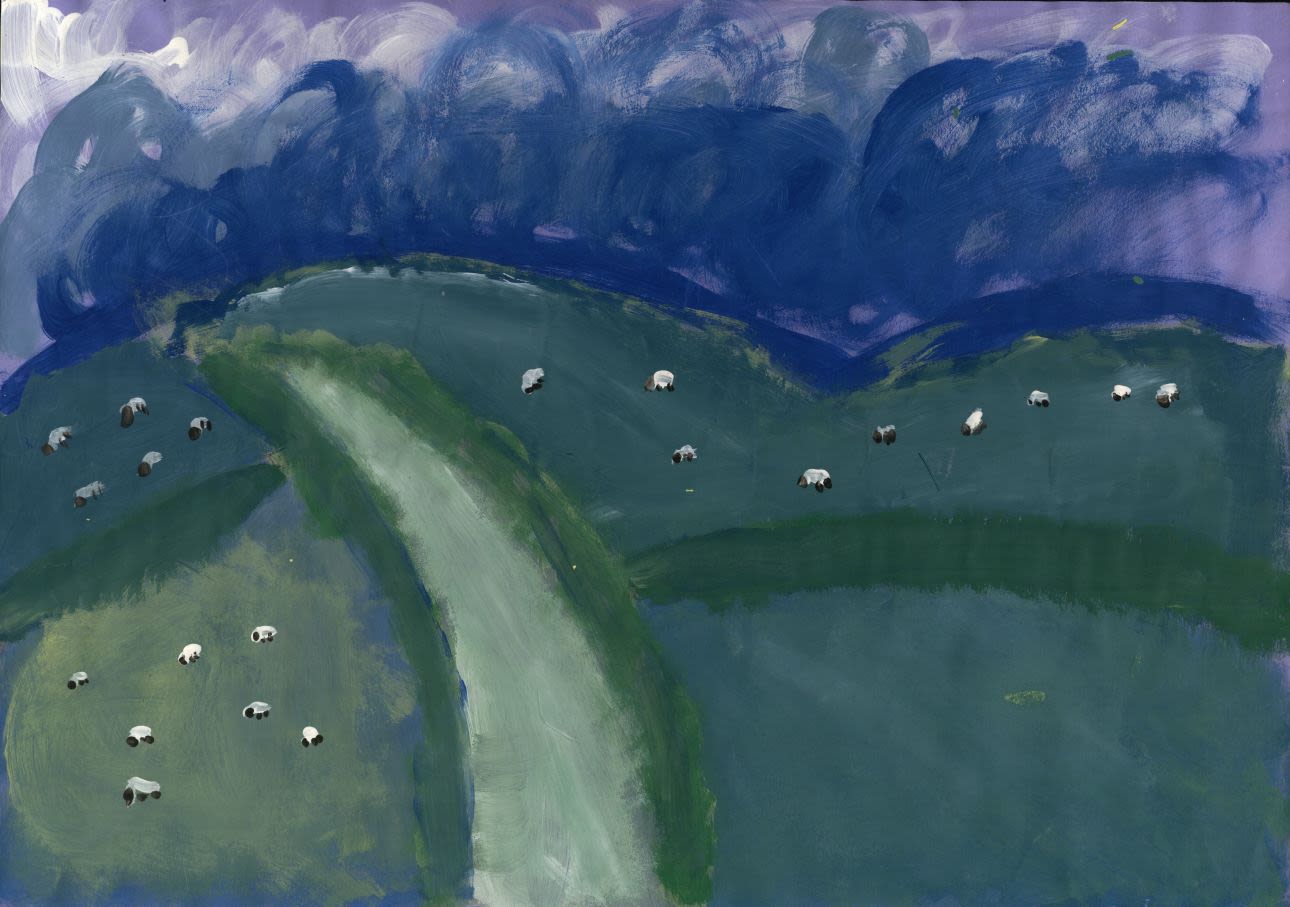 Child's painting of rolling green hills dotted with white sheep.