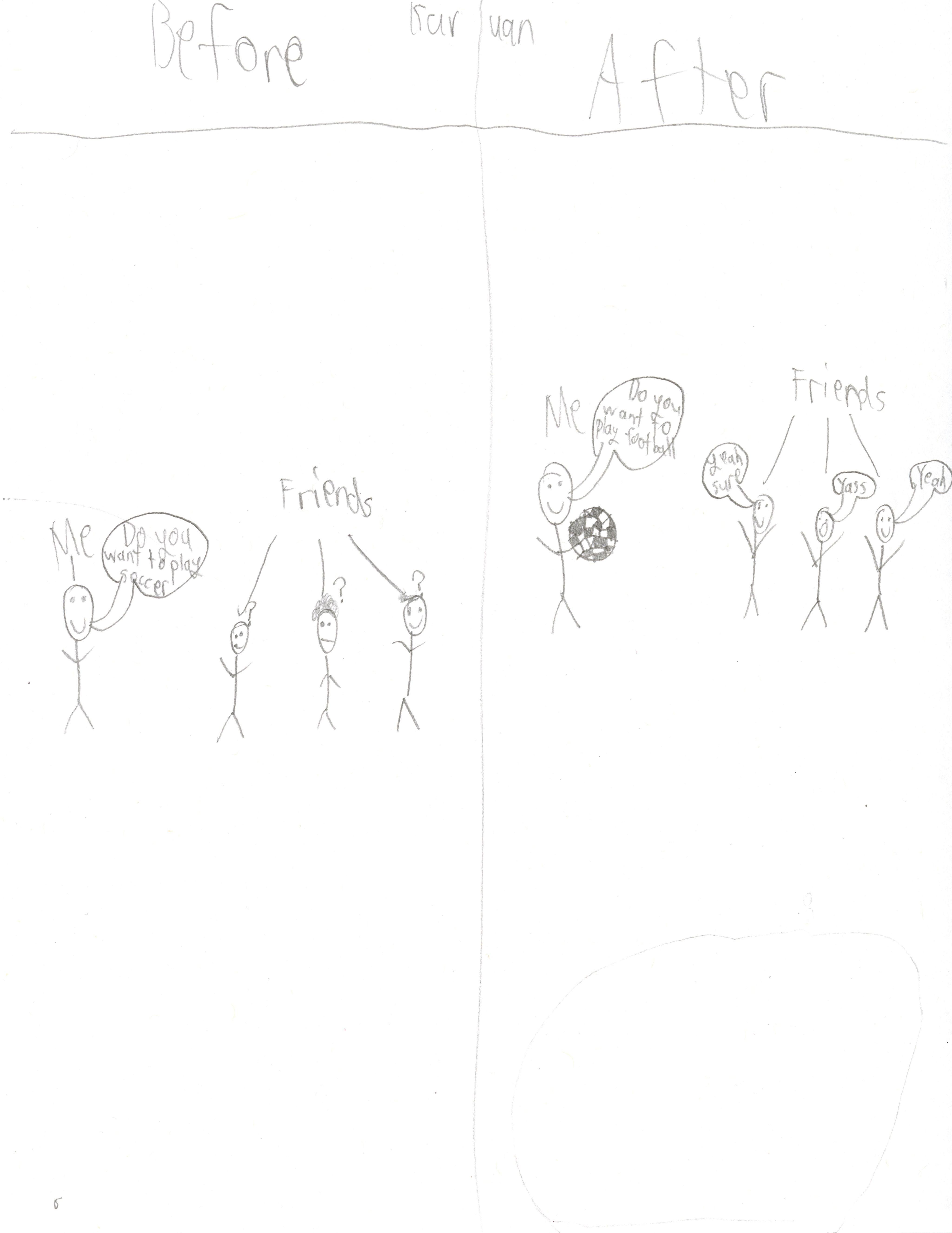A child's drawing showing before and after versions of the same scene. In the before scene a child asks three others 'do you want to play soccer?'. The other three all stare back in confusion. In the after scene, the child asks 'Do you want to play football?' and the other three all enthusiastically respond with a yes.