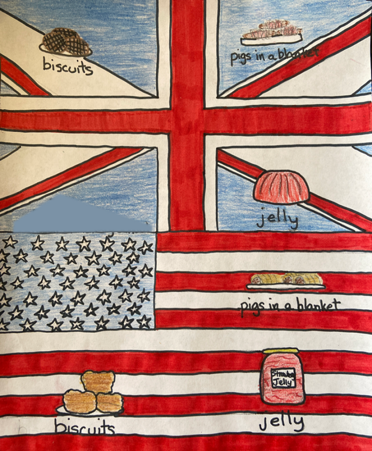 Child's drawing of UK foods on a Union flag - biscuits, sausage rolls, and a wobbly jelly. Beneath is a US flag with the same foods drawn on - US biscuits, which would be scones in the UK, pigs in a blanket, and a jar of jelly