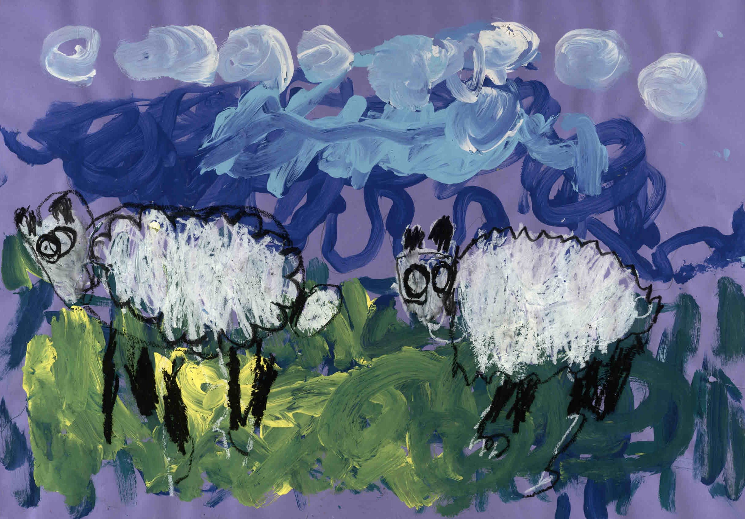 A child's painting of two woolly sheep. They are in front of a purple blue sky and stood in a green field.