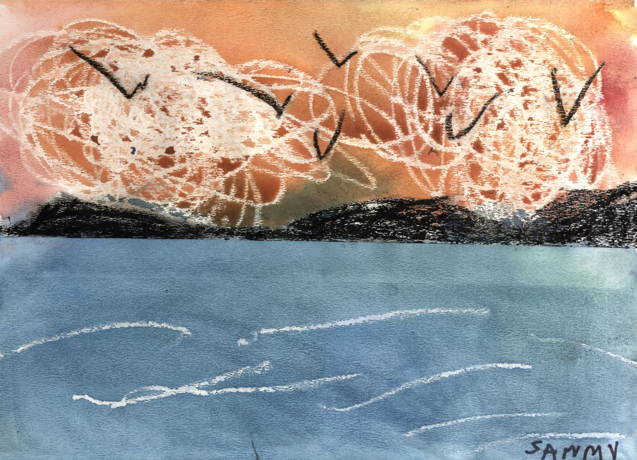 Child's painting of sunset at the coast. A blue sea is in the foreground, and flying birds are silhouetted against an orange sky.