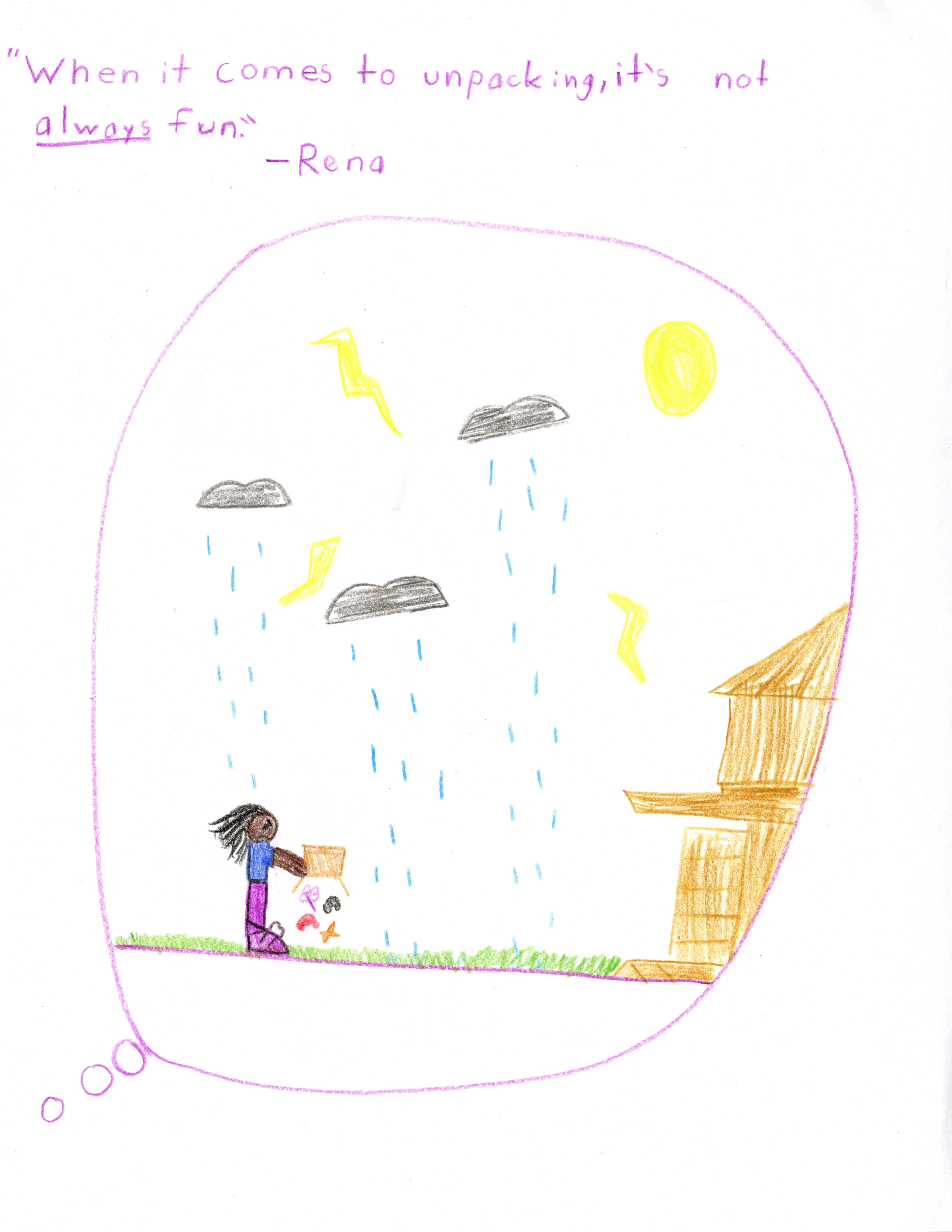 Child's drawing showing a person moving a box of possessions into a house in the rain. The box has become soggy and contents are falling out of it. Words say 'When it comes to unpacking it's not always fun. By Rena