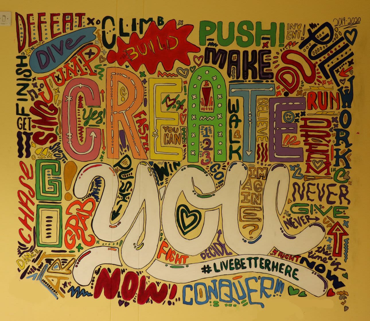 Photograph of a mural made up of bold graphic words in a variety of fonts. In the centre are the words Create You. All around them are other words including defeat, dive, climb, build, pull, never give up, conquer, chase, jump, and finish.