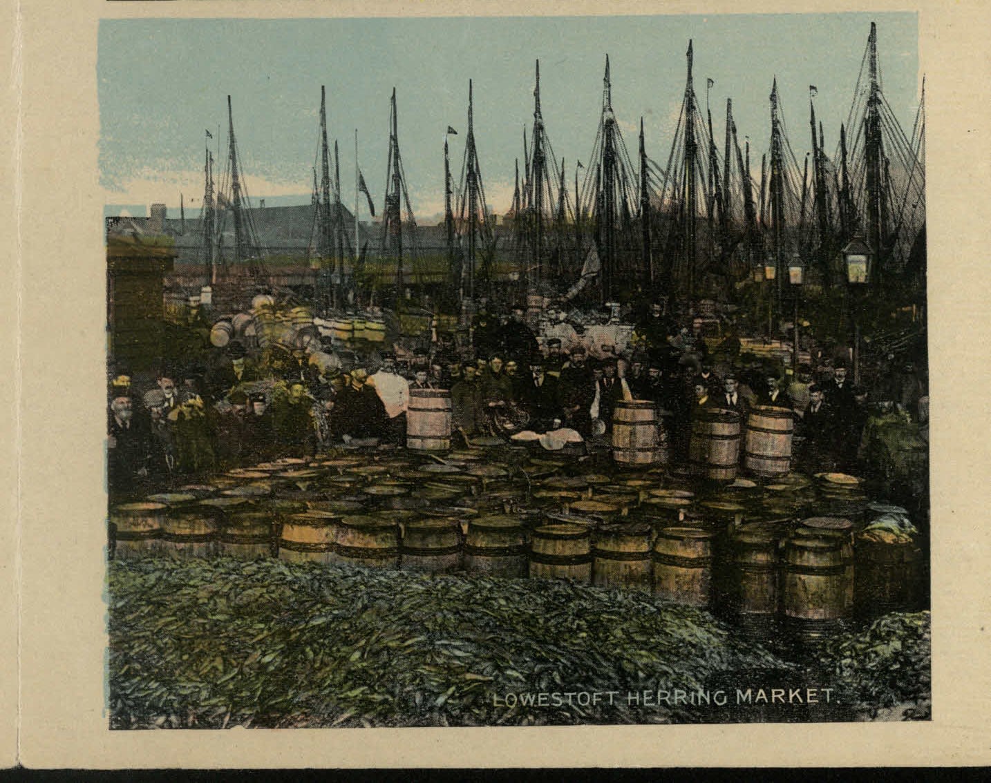 A photograph of the Lowestoft herring market taken in the 1900s.  in the foreground, there are thousands of fish piled up to the equivalent height of a barrel. Behind them, are hundreds of barrels but no fish are sitting atop of the barrels. Behind the barrels are several fishermen all looking towards the camera – they are surrounding all visible sides. Behind them, are many fishing boats. 