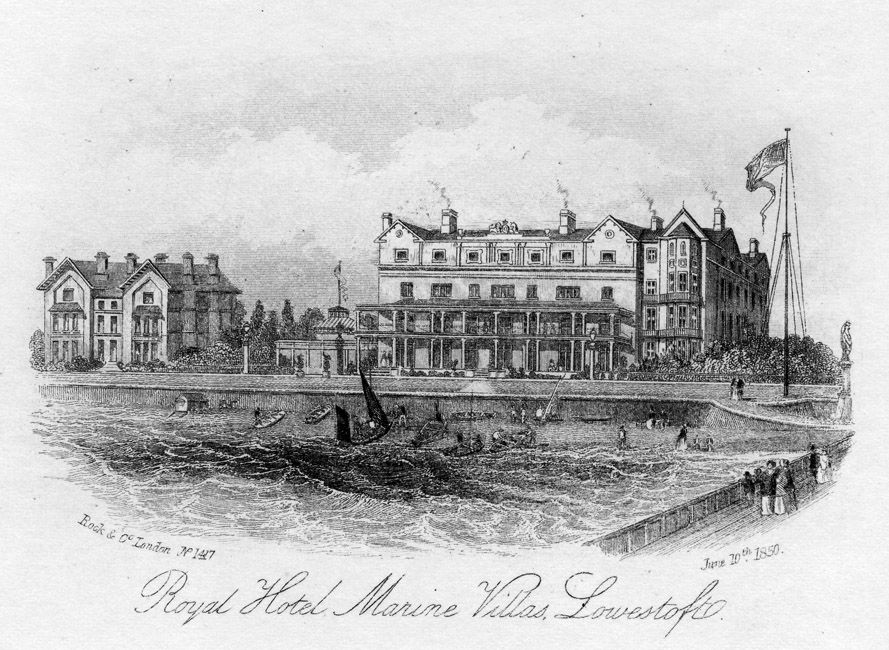 A greyscale illustration showing what the Royal Hotel may have looked like in the 1850’s. In the foreground of the illustration, are a number of small sailing vessels and canoes all coming into the shore from the choppy sea. Beyond that is the sea wall. Beyond that is the Royal Hotel. This is made up of a grand, two-story outer entrance, with a shallowed angled roof. Looking beyond that, is the main hotel which is very grand: the main building is rectangular in shape, and has four floors and multiple chimneys. The most forward-facing part in the illustration is completely straight and has rows of windows of 7 long; with a shallow angled roof in the middle and two triangular shaped roofs sections at each end of this section. To the right of the front section of the hotel, is a slightly rounded tower which transitions into one of the side sections of the hotel. The features of this side section are much harder to identify than that of the forward section.  