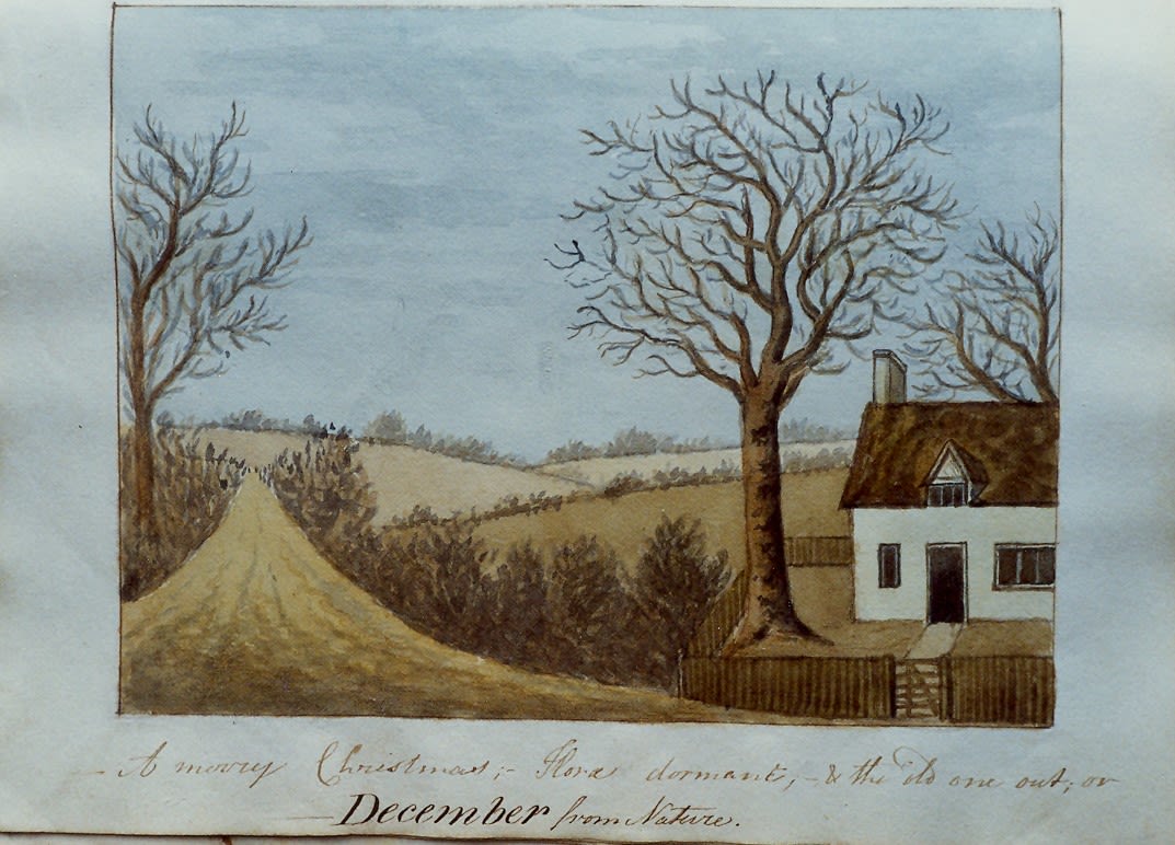 Watercolour scene with a hedged road on left disappearing in the distance. A cottage with a low fence and bare tree in the garden. Caption “A merry Christmas. Flora dormant & the old one out or December from Nature.