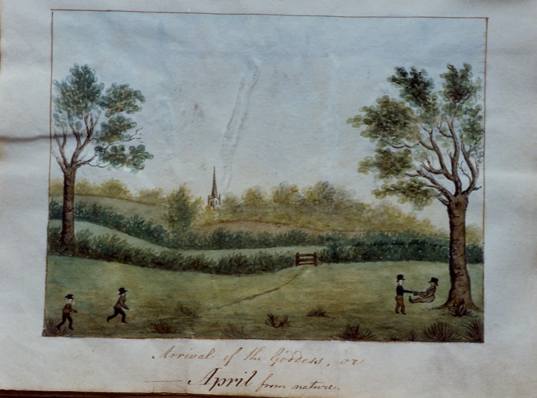 Watercolour of a field with a tree to left and one to right coming into leaf. Two boys run in from the left and two others are playing under the tree on the right. A church with a spire in the distance amongst trees. Caption “Arrival of the Goddess or April from nature”.