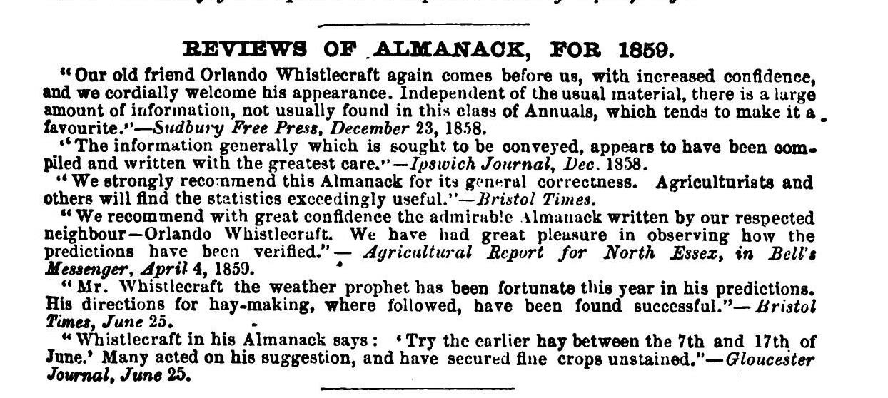 Image of a section of a printed page with the title “Reviews of Almanac for 1859” Includes comments from Sudbury Free press, Ipswich Journal, Agricultural Report for North Essex, Bristol Times, and Gloucester Journal.
