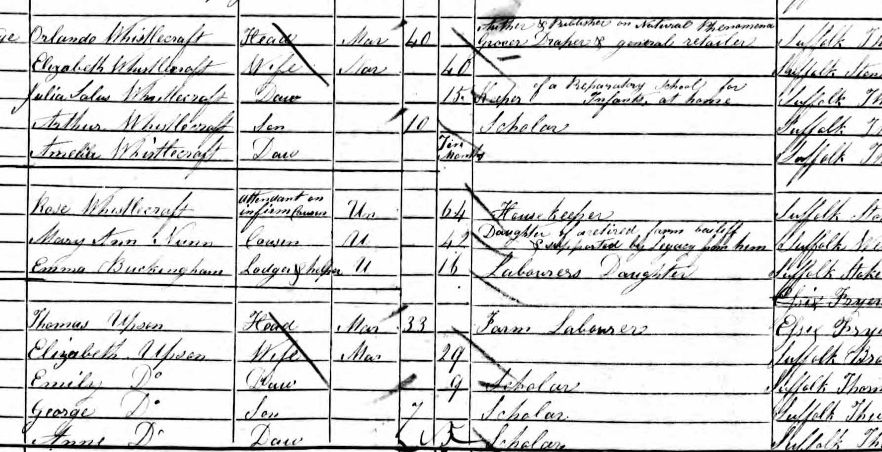 Page from 1851 census for Thwaite showing Orlando and his wife with children Julia Salus, Arthur and Amelia.