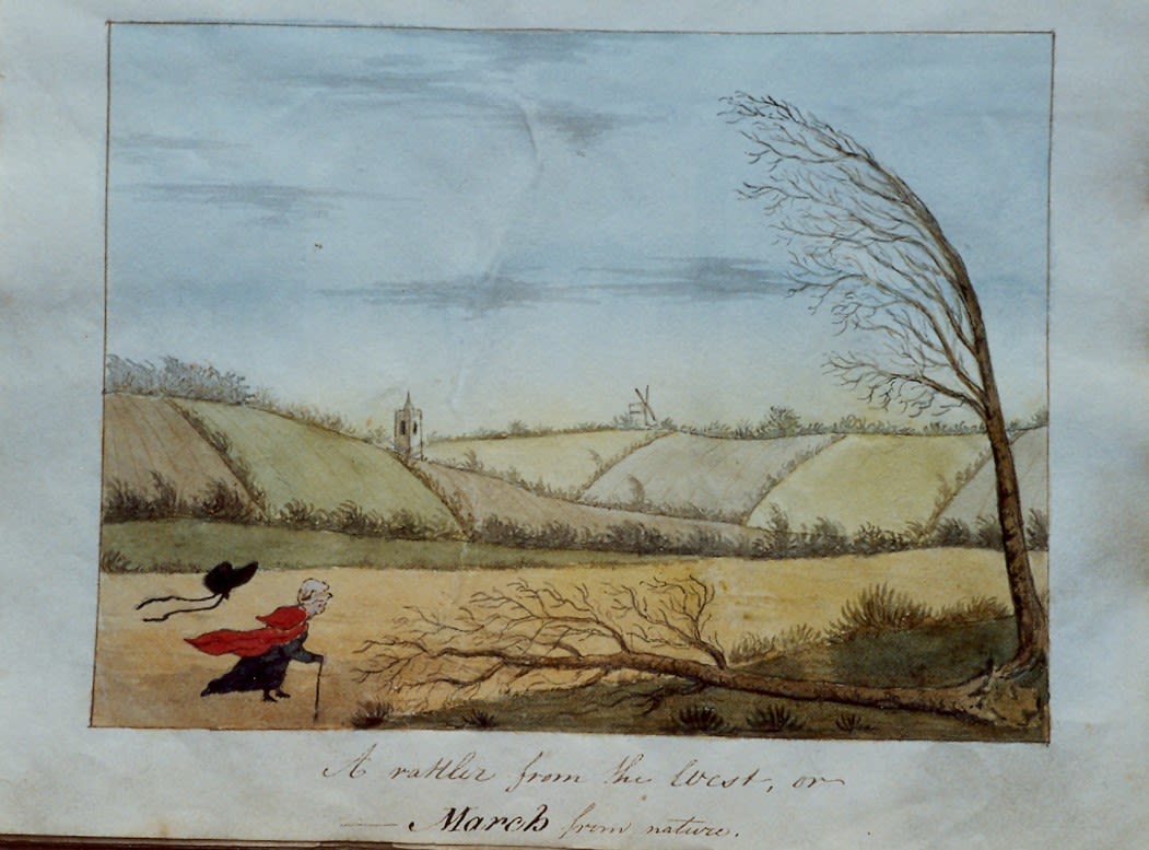 Watercolour scene of a lady struggling against the wind; her cloak streams out and she has just lost her bonnet. There are two bare trees to the left one has fallen and the other is bent in the wind. A church and windmill are in the distance. Caption “A rattler from the West or March from nature”.