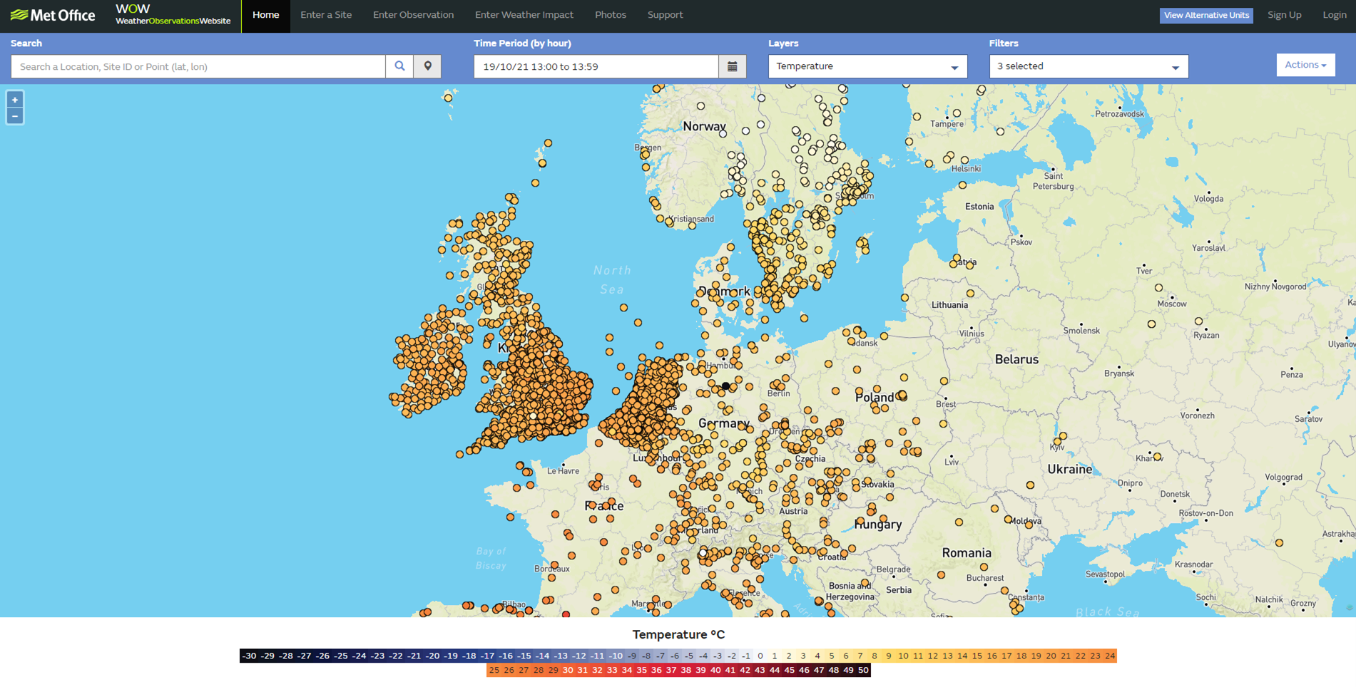 A map of the UK, Ireland and Europe showing the weather stations which report to the Met. Office Weather Observation Website (WOW) of which Hepworth is one of many.