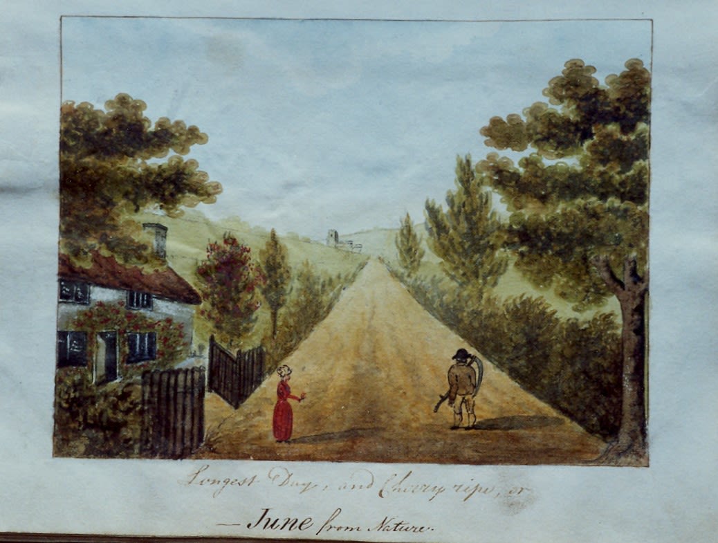 Watercolour scene of a road disappearing in the distance with hedges on each side. A cottage stands to the left behind an open gate. A woman stands outside the gate and a man with a scythe stands on the opposite side of the road. A church in the distance beside the road. Caption “Longest Day and Cherry ripe or June from Nature”.