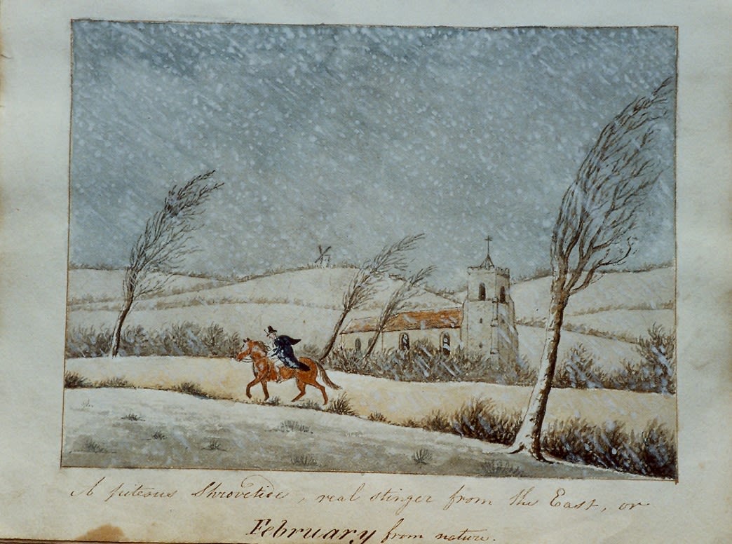Watercolour drawing of a blizzard scene with a church in the middle ground and a man on a horse bending into the wind. A windmill stands in the distance on a hill. Bare trees to left and right bent by the wind. Cation “A piteous Shrovetide real stinger from the East or February from nature”.