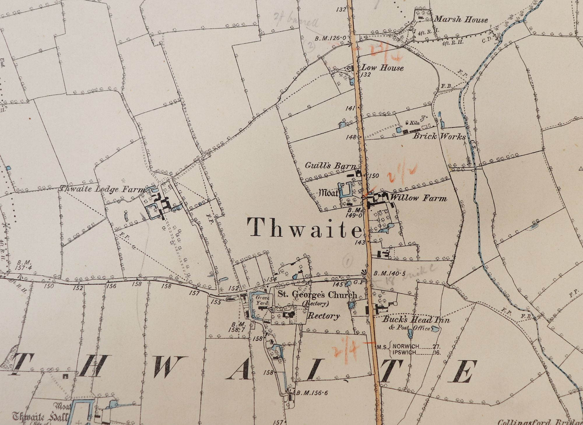 An old ordinance survey map of Thwaite shows the main turnpike road, the location of the Buck Head Inn, and the parish church on a turning to the left. The map shows the pattern of fields around the village.