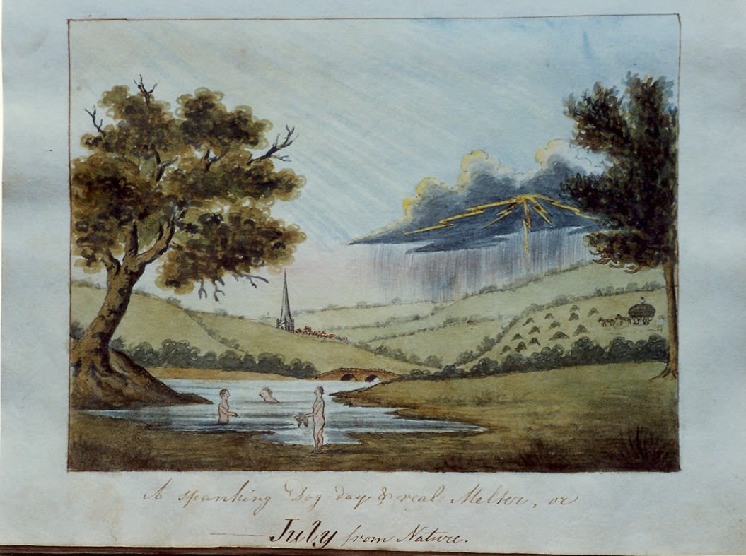 Watercolour scene of a stream with three naked figures bathing in it and a tree to left and one to right. There is a bridge in the middle distance over the stream, a church with a spire and a field with corn being collected on a cart pulled by two horses. There is a black cloud in the distance with rain falling from it and bolts of lightning. Caption “A spanking Dog Day & real Melter or July from Nature”.