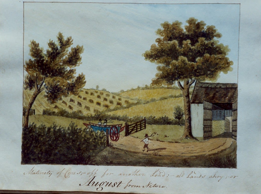 Watercolour drawing of a hay wain going out through a gate to a barn to collect the harvest. A man stands on the road with a pitchfork over his shoulder and two other men in the Haywain also with pitchforks. In the distance is a field containing heaps of corn sheaves [stooks]. Handwritten caption “Maturity of Corn – off for another load; all hands ahoy or August from nature”