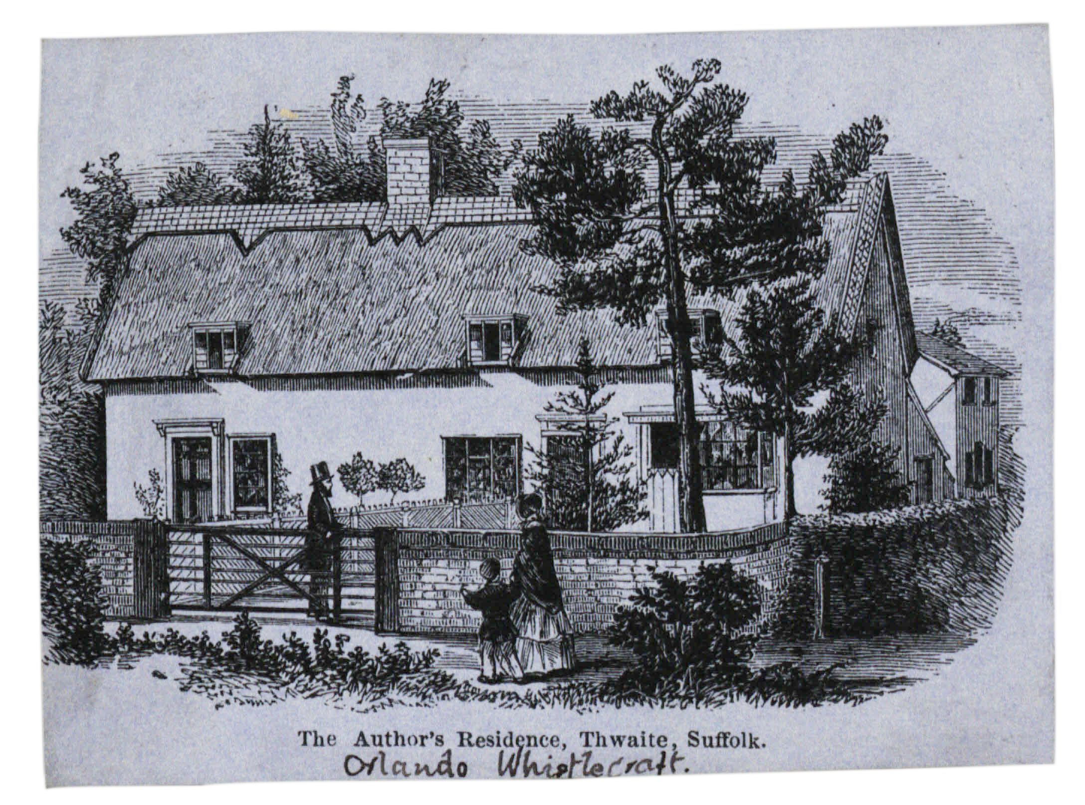 Print of thatched cottage with dormers, surrounded by a low brick wall, man in a top hat standing by entrance gate with a woman and child approaching the gate.