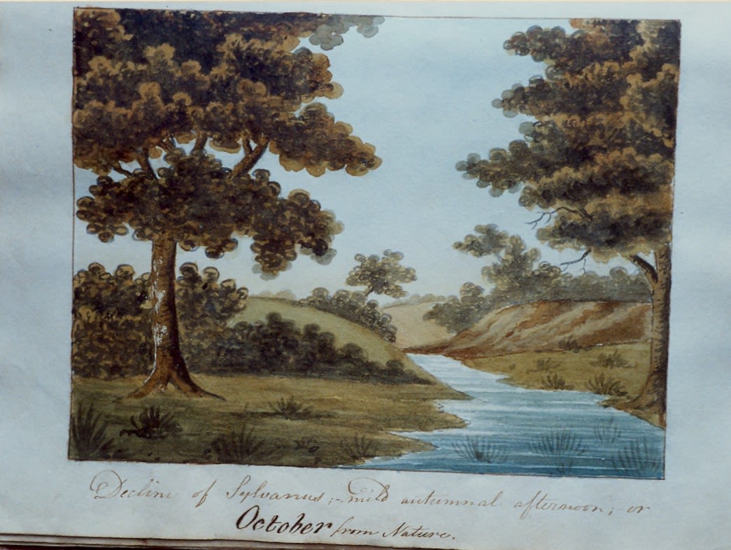 Watercolour scene of a stream flowing through a valley with a tree to left and one to right with leaves turning brown. Caption “Decline of Sylvanus; mild autumnal afternoon of October from Nature”.