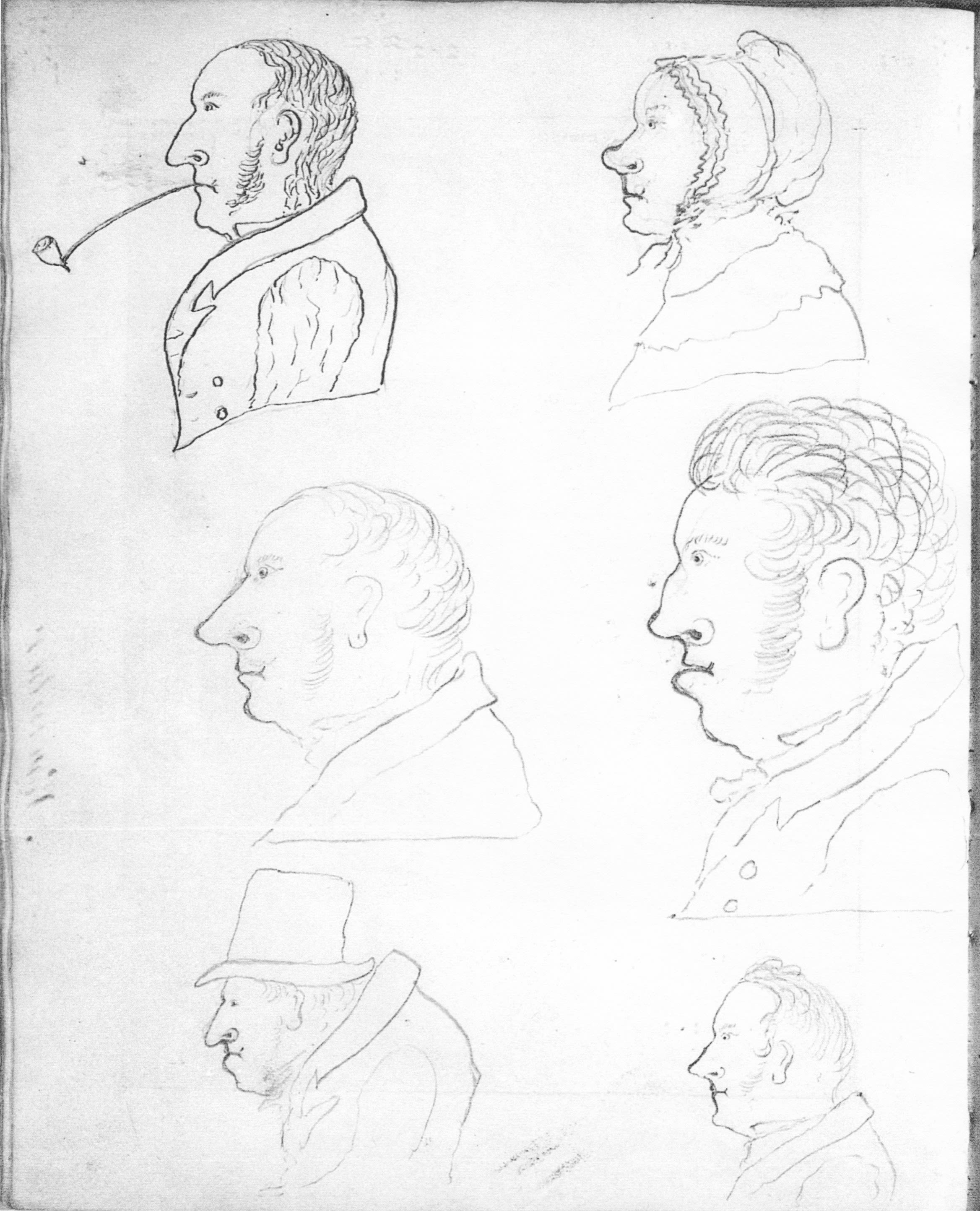 Sketch of six people arranged in two columns and three rows. Five men and one woman all shown in profile looking to left.