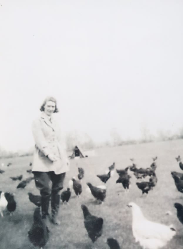 Black and white photograph of Grace working with chickens. She is stood up, in the middle of an open field and smiling at the camera, with her right hand extended in front of her, possibly full of feed for the chickens. She is wearing breeches and a coat, and has her hair down which goes to her shoulders. She is surrounded by several chickens of different colours