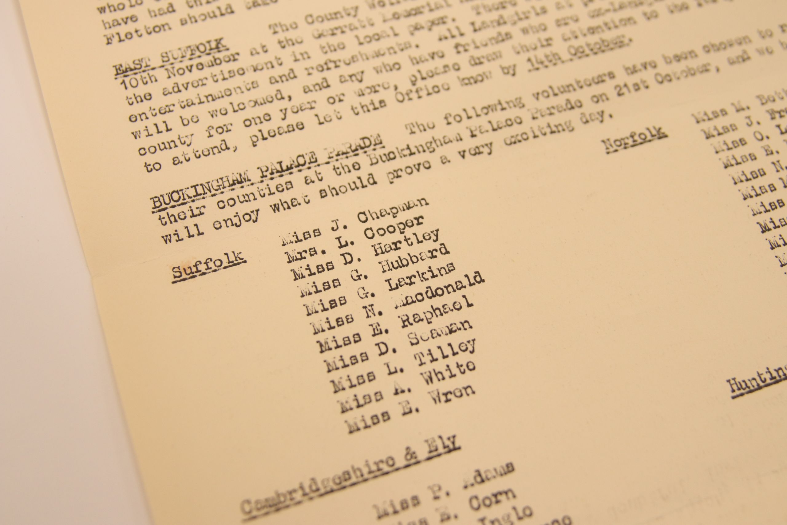 Photograph of a typed document which lists the names of the 11 women representing Suffolk in the farewell parade