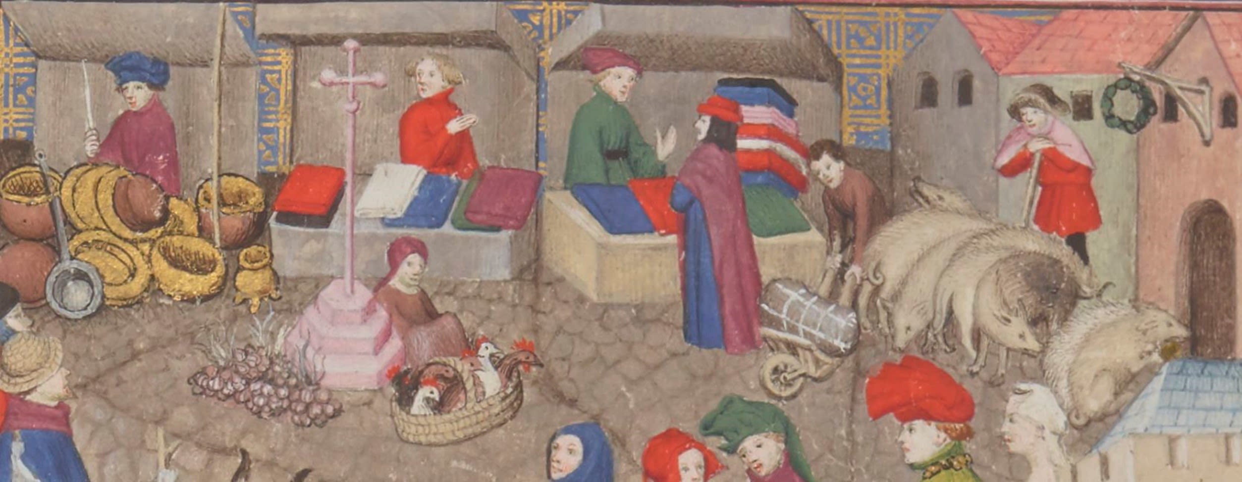 Part of a medieval painting of a market, showing cloth stalls laden with bolts of cloth in bright reds and blues. A merchant is talking to a customer who is dressed in a long blue robe and purple cloak and a red hat. Another person carries a basket of chickens, and someone else herds pigs through the market.