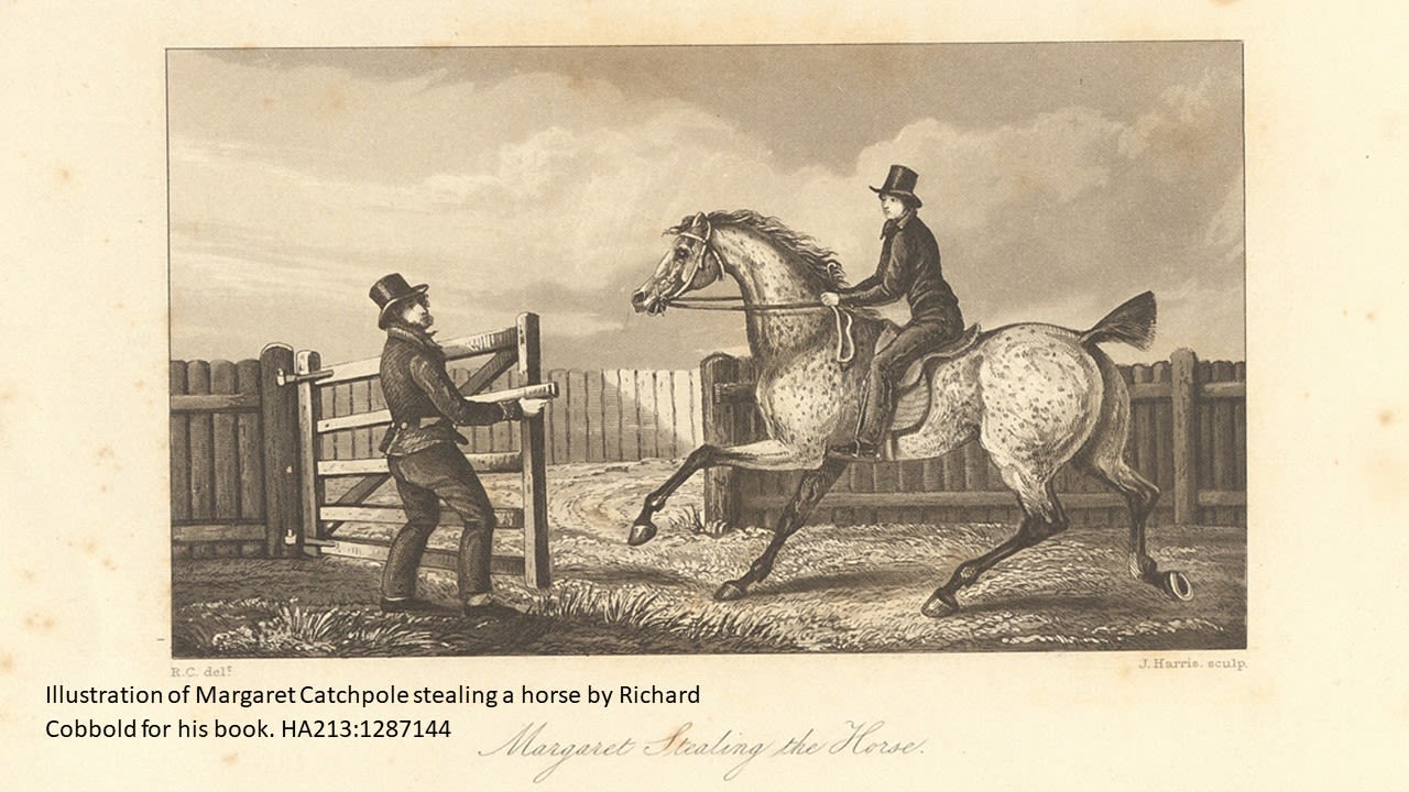 An illustration showing Margret Catchpole stealing a horse. She is