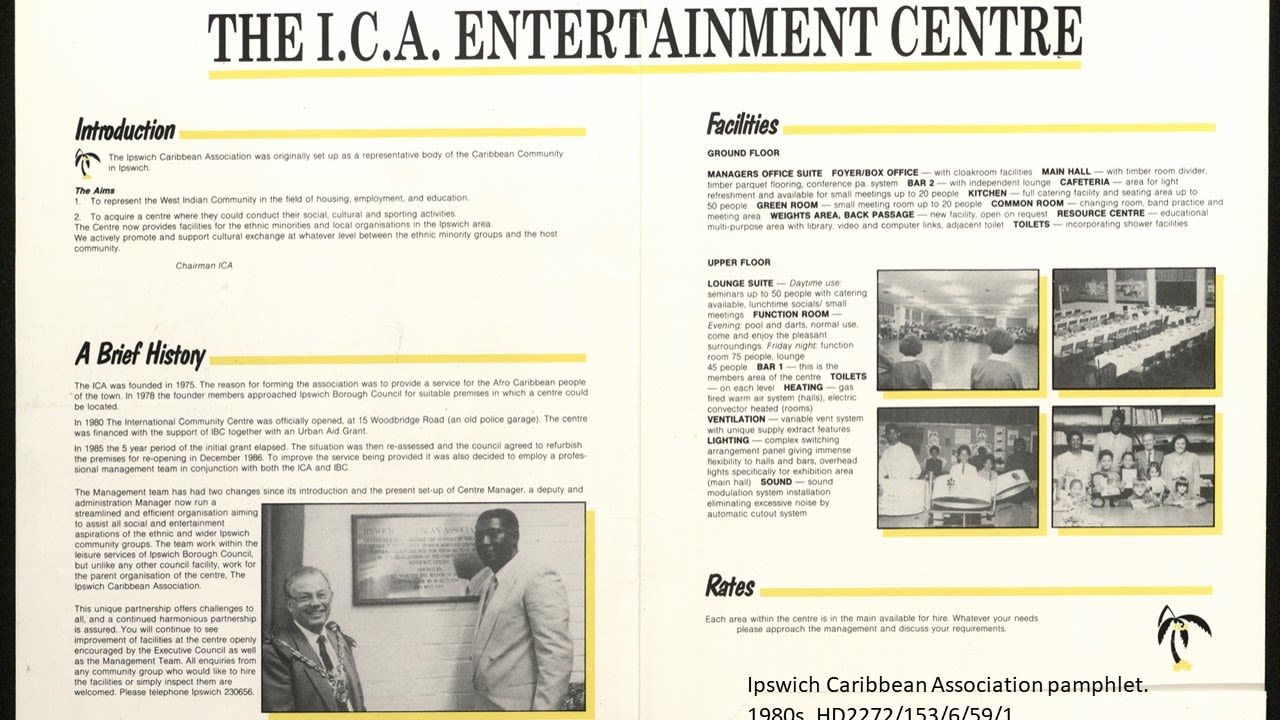 A pamphlet from the Ipswich Caribbean Association. It features an introduction about them, a brief history, listing of facilities and rates. 