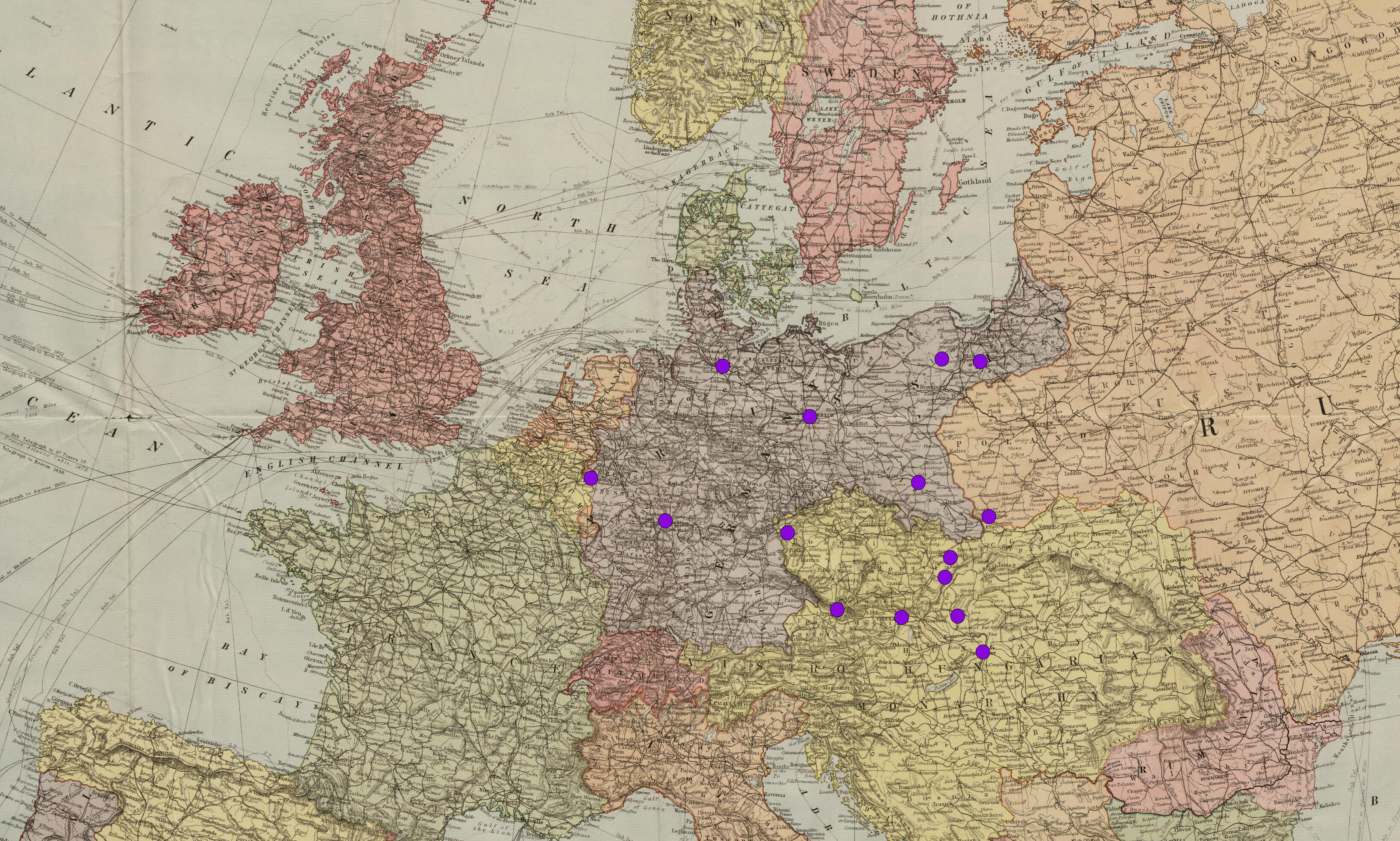 A map of Europe with purple dots scattered around Germany, Czechoslovakia, Poland, Austria, and Hungary.