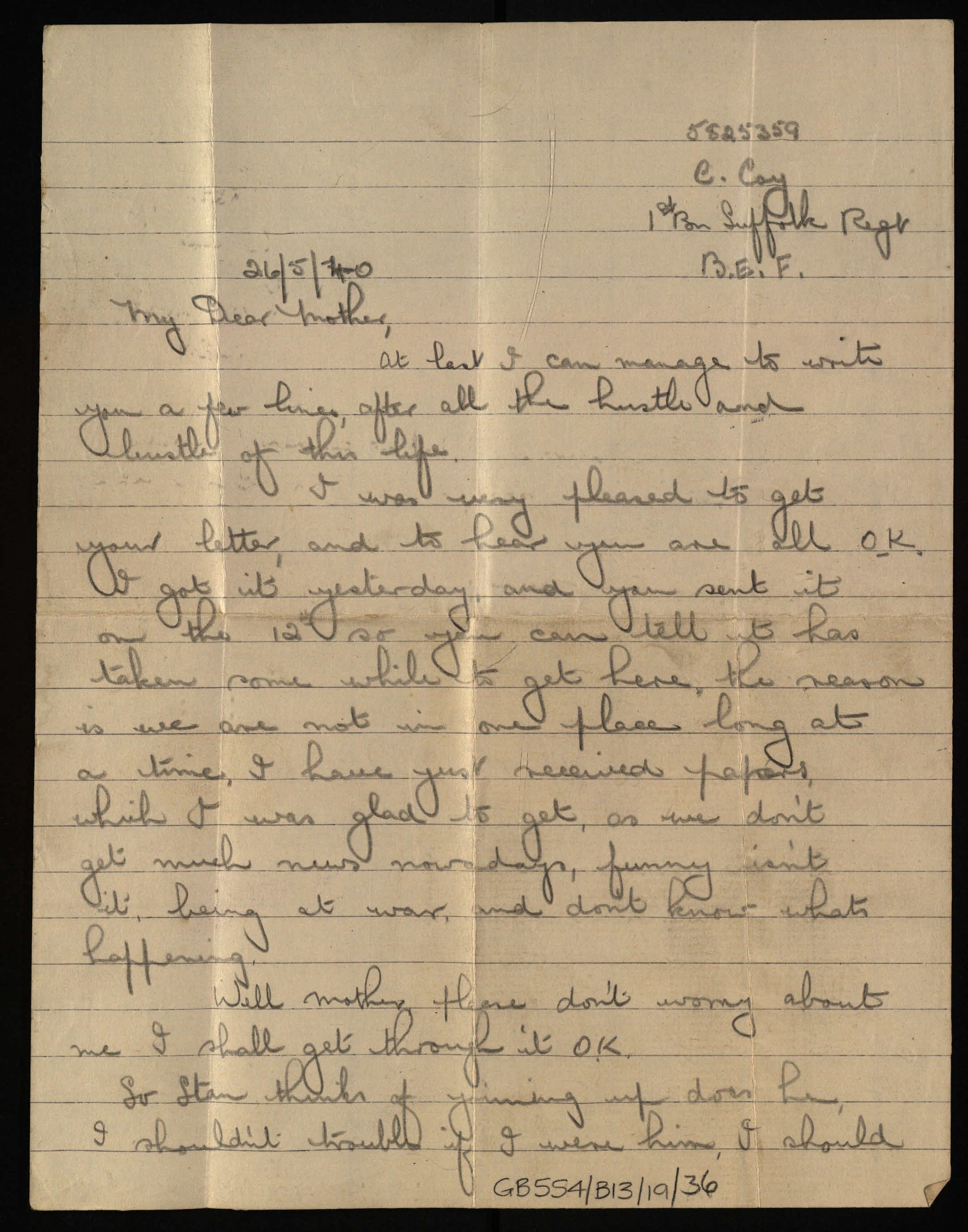 Letter written in pencil on lined paper which has yellowed with age