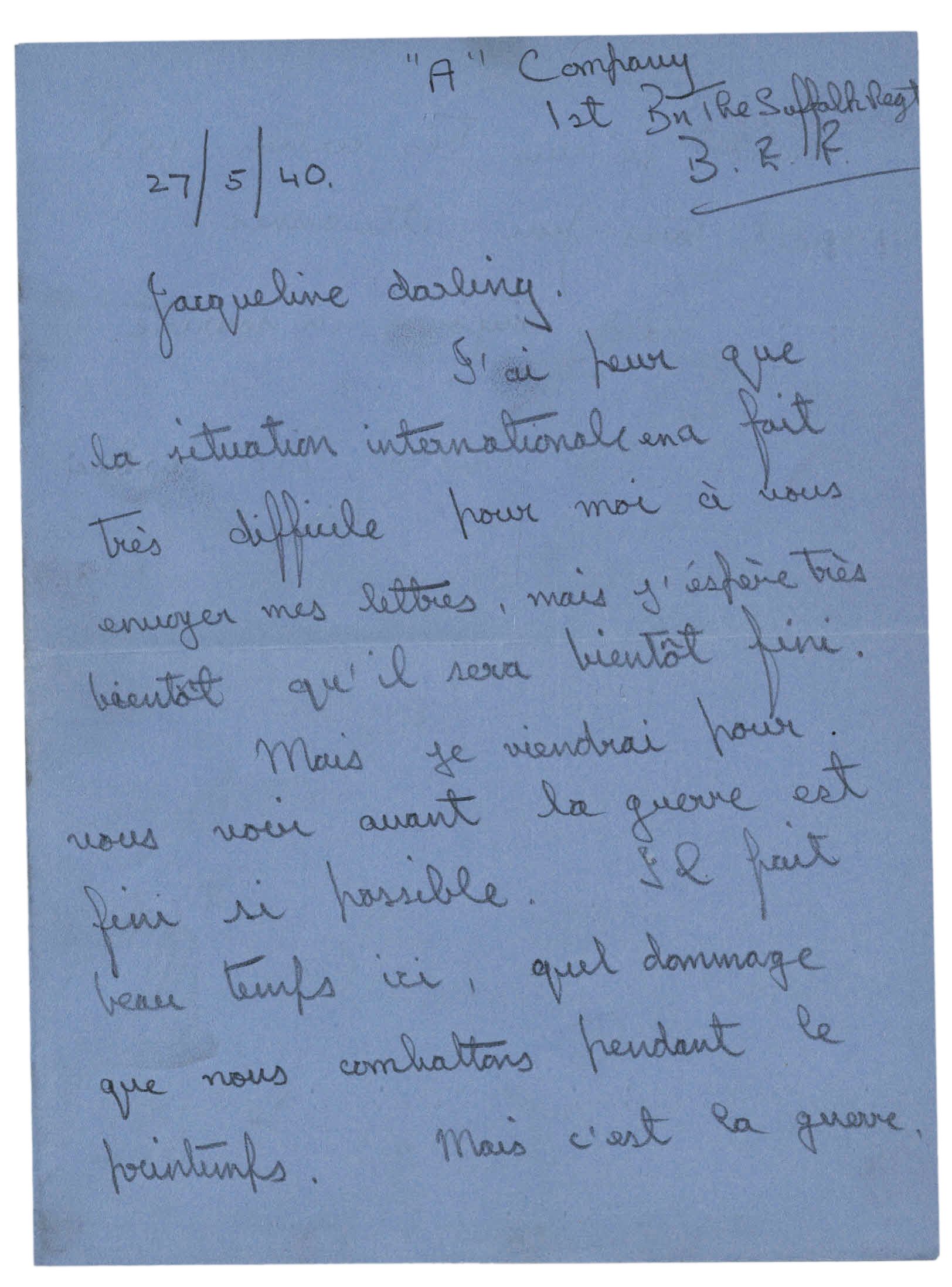 Letter handwritten in pencil on blue paper. It is written in French.