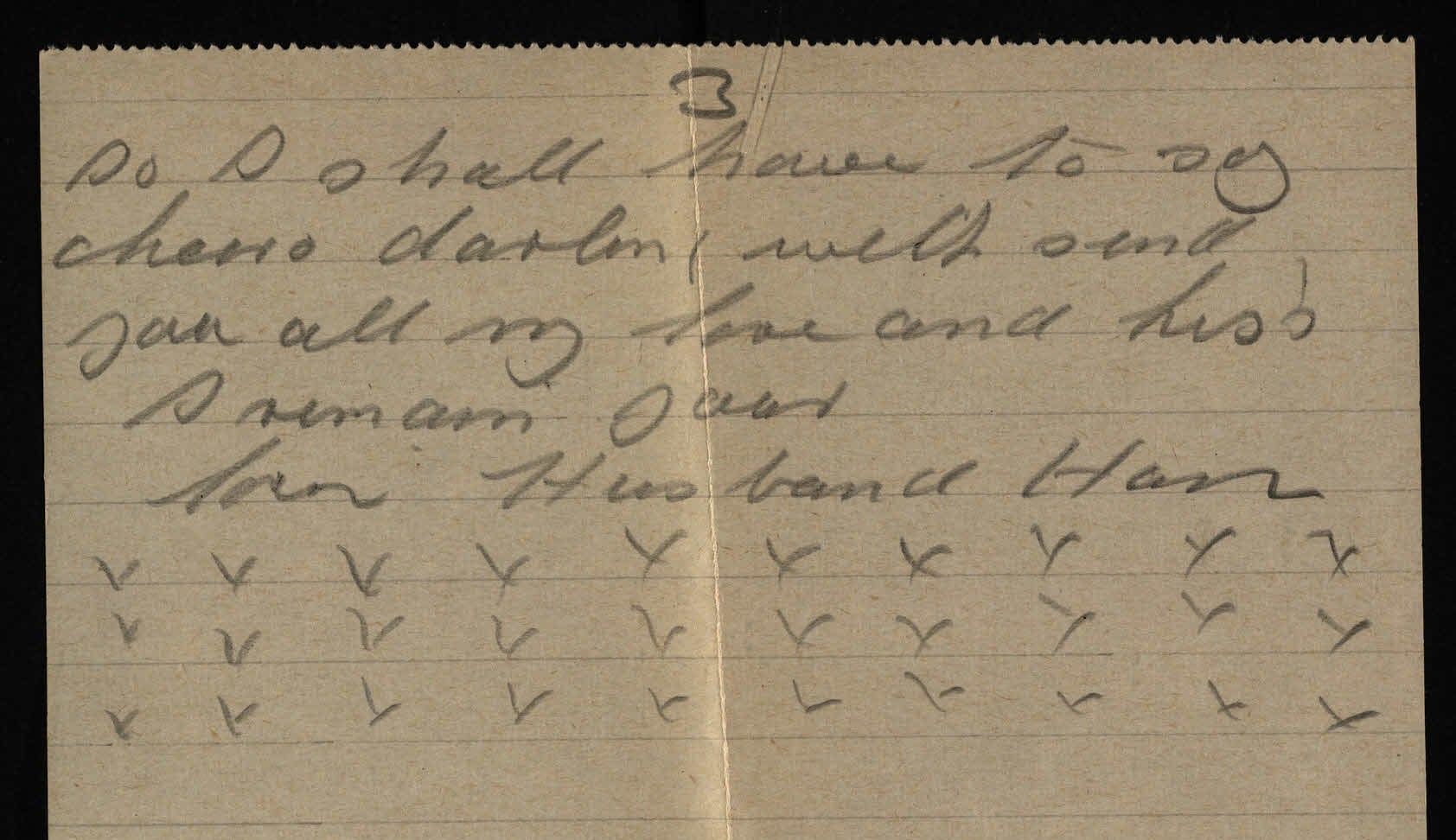 Photograph of the end of a handwritten letter, with three rows of kisses.