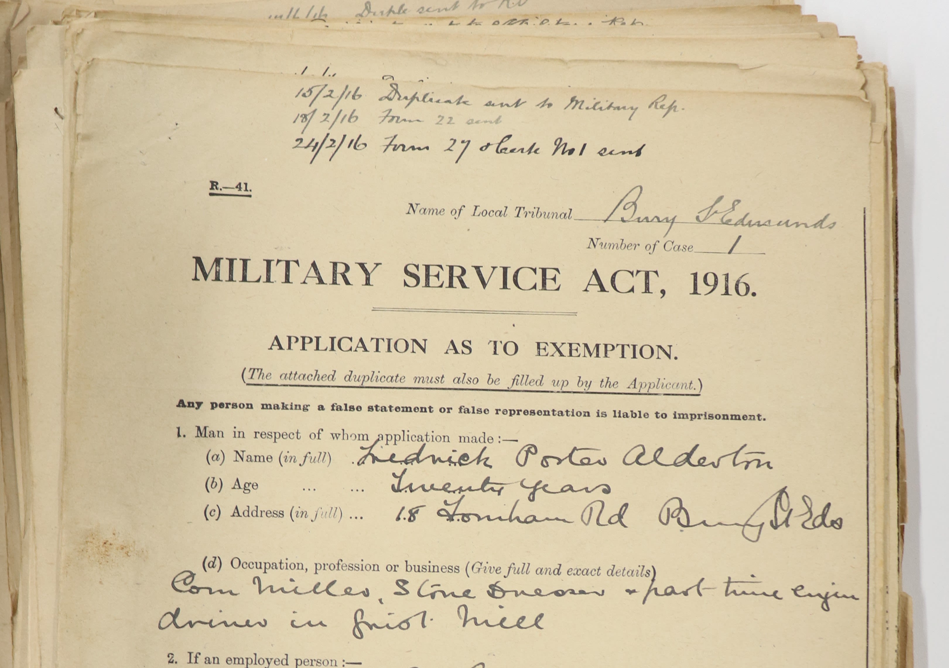 Printed army form headed Military Service Act, 1916, filled in for Frederick Porter Alderton, 20 years old, Corn Miller