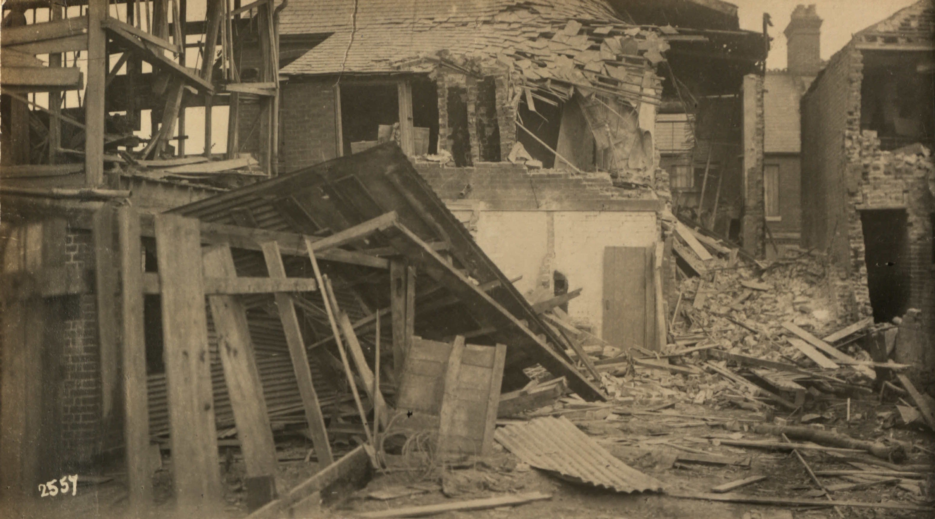 Sepia photo of a destroyed building